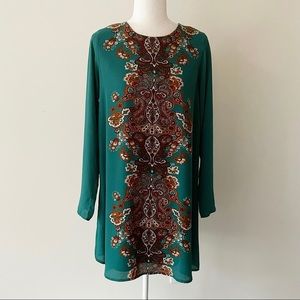 Xhileration | Jade Green/Teal Long Sleeve Printed Shift Dress